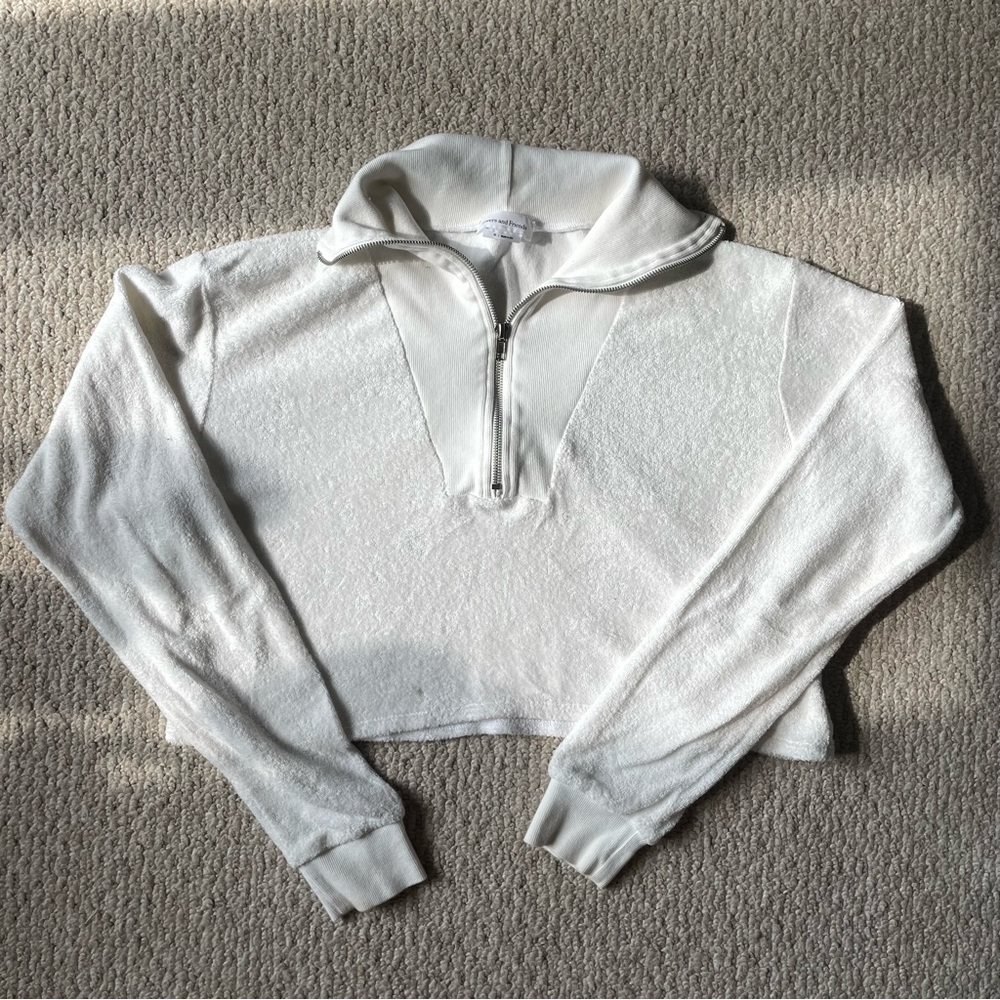 White terry cloth cropped zip up shirt